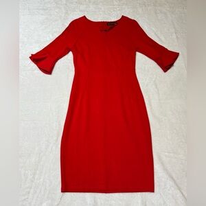 Woosunze Size Small Red Fitted Dress. Sheath style w/ seam at waist.  3/4 sleeve